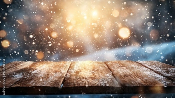 Fototapeta Banner Of Wooden Plank Table With Sparkling Snow And Brilliant Explosion Background - Winter with generative ai