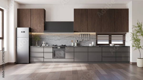 Obraz Modern luxury kitchen with  contemporary chair with  black lamp and wood floor.3d render