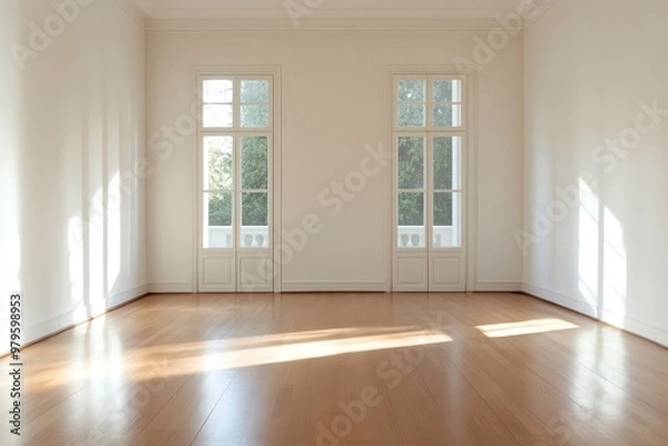 Fototapeta Bright and spacious empty room with wooden floor and large windows, ideal for interior design and renovation ideas.