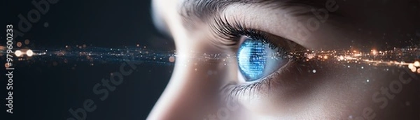 Obraz Close-up of a blue eye with futuristic digital data overlay, representing technology, innovation, and future vision.