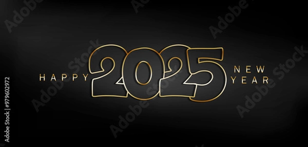 Fototapeta Striking gold text Happy New Year 2025 displayed on a black background, representing a joyful New Year greeting
