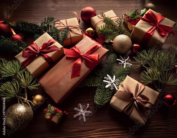 Obraz Christmas gift box with festive decorations on wooden background.