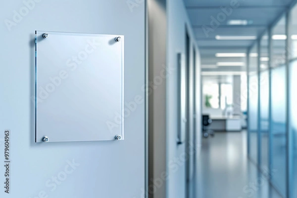 Obraz Empty glass nameplate mounted on a light blue wall in a modern office corridor with glass partitions and blurred background. Concept of corporate signage, office navigation, or blank sign template