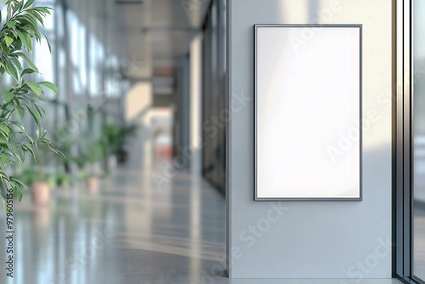 Obraz Modern office corridor with blank vertical frame on the wall, potted plants, and large windows allowing natural light. Concept of professional workspace design, blank poster mockup