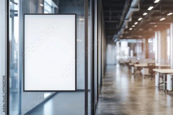 Obraz Blank vertical sign or frame mounted on a glass wall in a modern open office interior with blurred workspace in the background. Concept of office signage, corporate branding, or blank mockup for desig