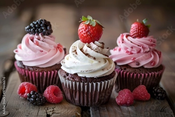 Fototapeta 
Three cupcakes with white and pink frosting, a chocolate cupcake, on a dark background, with strawberries on top