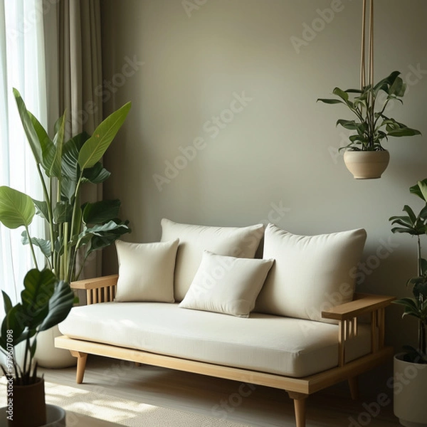 Fototapeta a serene living room corner in a small, minimal apartment, featuring a sofa, TV counter, and bookshelf, all while embracing Wabi-Sabi Japandi design principles