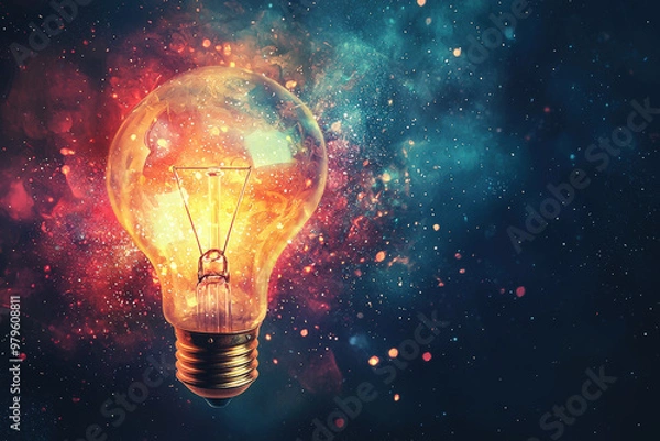 Fototapeta A glowing light bulb illuminates universe, surrounded by vibrant cosmic colors and abstract patterns, creating sense of wonder and inspiration