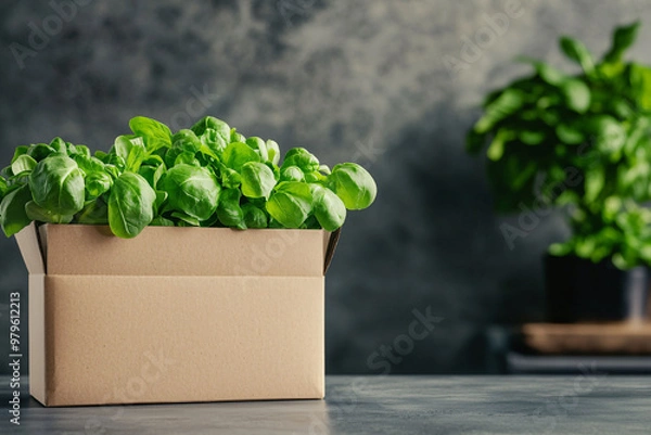 Fototapeta Fresh basil plants in cardboard box symbolize sustainable packaging and eco friendly practices. This image highlights importance of plant based solutions in modern agriculture