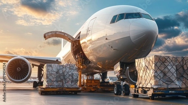 Fototapeta A large cargo plane being loaded with goods at an airport, part of a global air freight operation