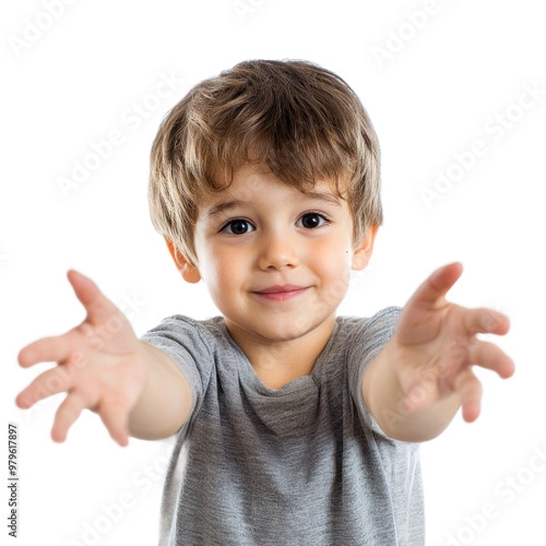 Fototapeta A kid reaching out as if to hug, with a soft, empathetic expression. isolated on transparency background