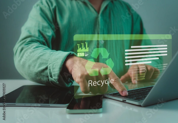 Fototapeta Environment conservation preservation save earth recycle concept, Ecological waste management and sustainable development, Businessman and recyclable symbols on virtual screen.