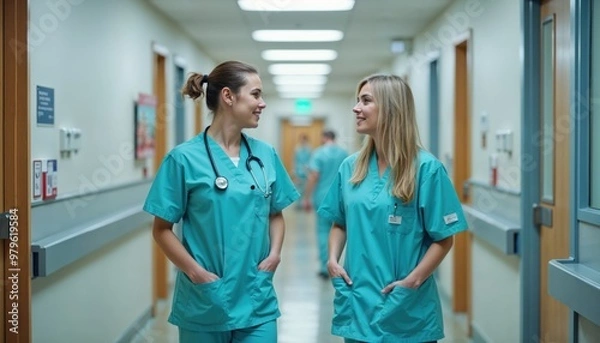Obraz Two nurses in blue scrubs are talking to each other in a hallway