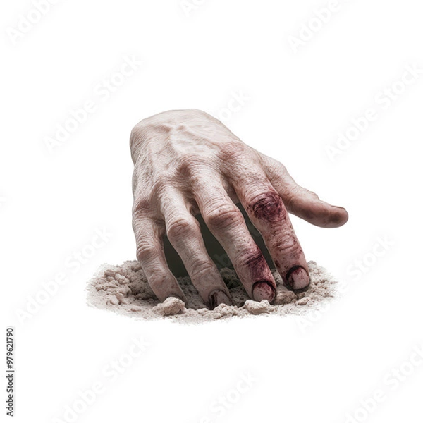 Fototapeta A hand is covered in blood and is laying in the sand