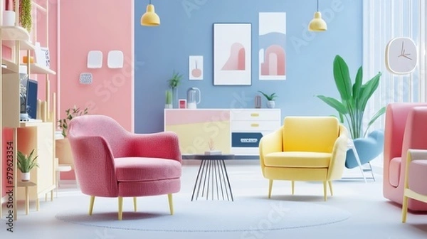 Fototapeta 3D cartoon style of a modern online store selling home furniture and decor, with a variety of stylish chairs, tables, and wall art, a sleek website interface in the background
