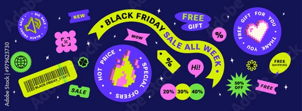Fototapeta Set of Cool Sale Pixel Black Friday stickers for business. Geometric elements for a store sale, posters, banner, social media. Retro offer Y2k trendy style. advertising. Futuristic badge