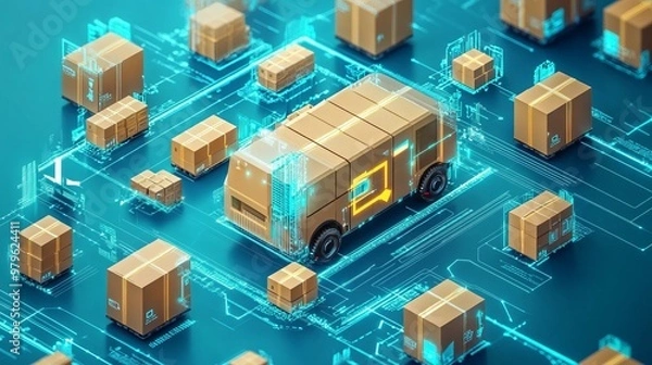 Fototapeta Smart warehouse management system identify package picking and delivery . Future concept of supply chain and logistic business 