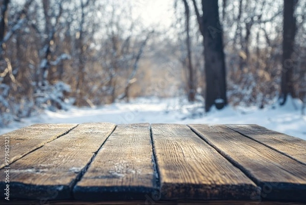 Obraz Snowy path with wooden table surrounded by trees