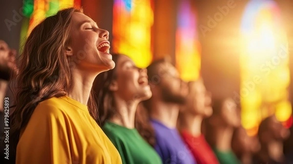 Fototapeta A modern church choir in rehearsal, vibrant stained glass windows behind, uplifting and joyous atmosphere
