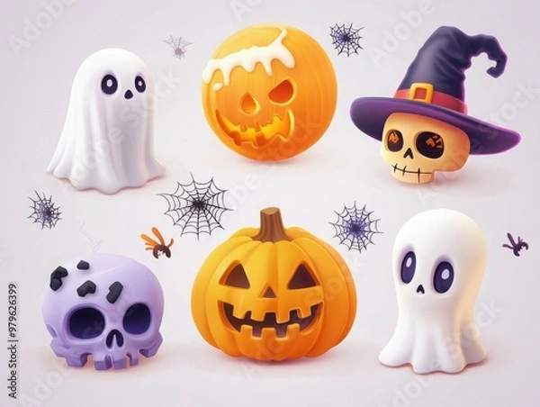 Fototapeta Spooky Halloween Ensemble with Pumpkins and Ghosts