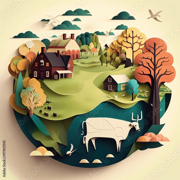 Fototapeta Detailed vector illustration of a pastoral landscape featuring a farm, cows grazing, and vibrant trees under a clear sky