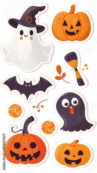 Fototapeta Cute Halloween Ghost, Pumpkin, and Bat Stickers