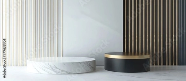 Fototapeta 3D rendering of an empty product display scene featuring a cylindrical podium in white light gray and black complemented by golden lines for luxury items against a minimalistic top view background
