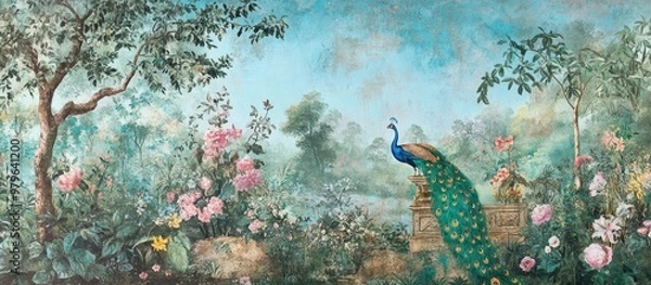 Fototapeta Vintage mural wallpaper featuring a botanical landscape with a garden forest peacock birds and flower vase illustration
