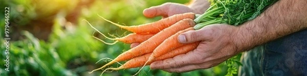 Obraz freshly picked carrots in hands. Selective focus
