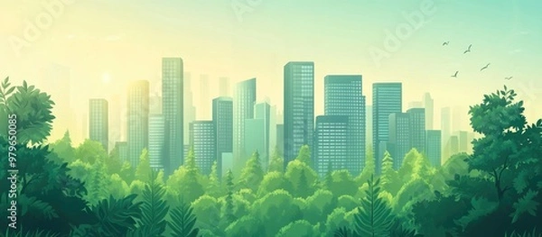 Fototapeta Eco Friendly Urban Development Concept Modern Green Cityscape With High Rises Surrounded By Lush Forest Summer Atmosphere Sunlight And Lens Flares