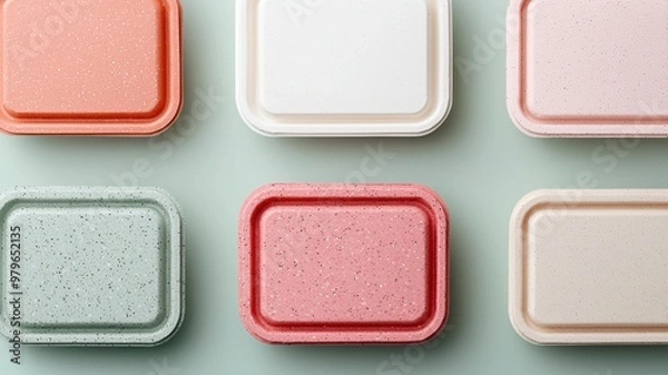 Fototapeta Colorful and stylish food containers in various pastel shades, including pink, green, white, and orange, arranged neatly on soft green background. These containers are perfect for meal prep and storag