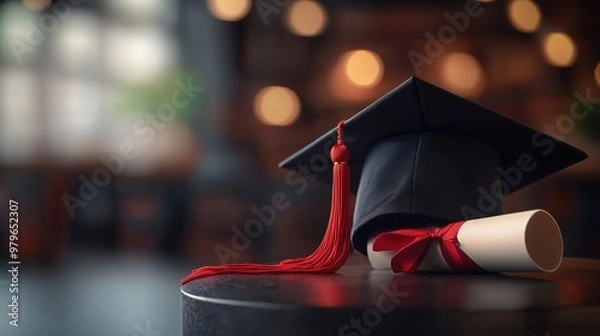 Obraz A black graduation cap with a red tassel and a rolled diploma in a dimly lit room, symbolizing academic achievement.