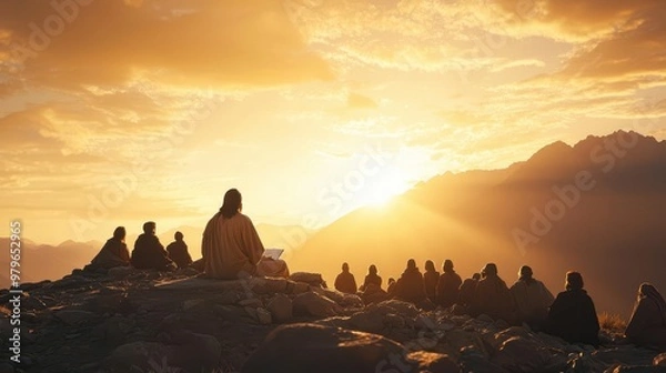 Fototapeta Jesus teaching from a mountaintop with followers gathered around, soft light illuminating the scene