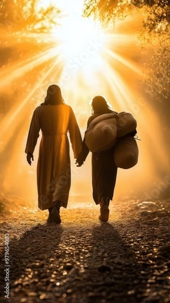 Fototapeta Jesus walking alongside a person struggling with heavy burdens, glowing light symbolizing support