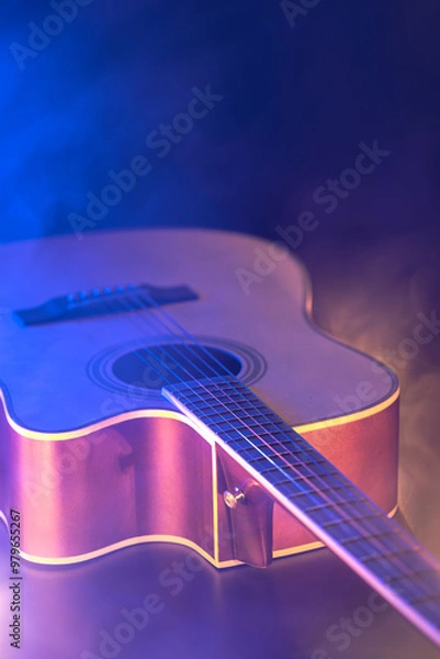 Obraz Close up of guitar and strings with shallow depth of field, soft focus.