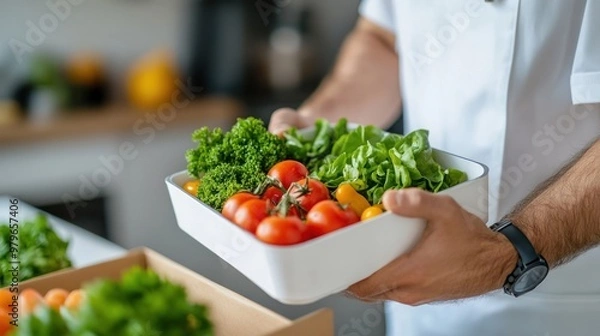 Fototapeta A man is preparing a salad with lettuce and tomatoes on a wooden cutting board.