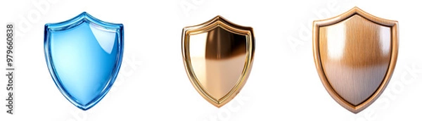 Fototapeta Collection of three shields, symbolizing protection and security isolate on transparent background, cutout, png