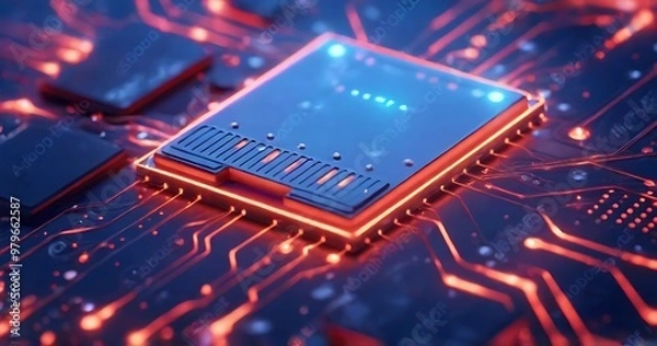 Obraz High-Performance Processor with Glowing Core on Circuit Board.