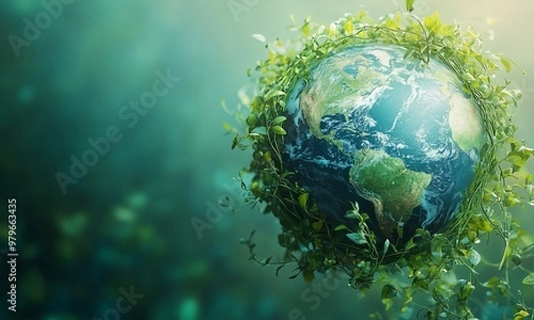 Fototapeta Globe Suspended in Mid-Air Wrapped in Delicate Green Vines, Symbolizing a World Embraced by Eco-Conscious and Sustainable Travel

