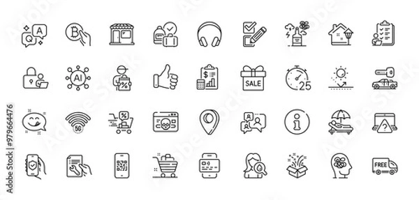 Fototapeta Sunbed, Headphones and Repair document line icons pack. AI, Question and Answer, Map pin icons. Alcohol addiction, Bitcoin pay, Street light web icon. Market, Car key, Checkbox pictogram. Vector