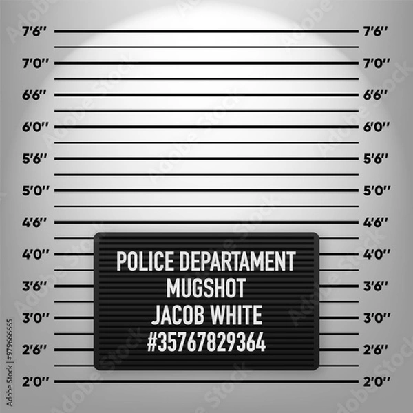 Fototapeta Mugshot template. Police department lineup mugshot board. Stand for criminals photo. Criminal height wall. Vector illustration.