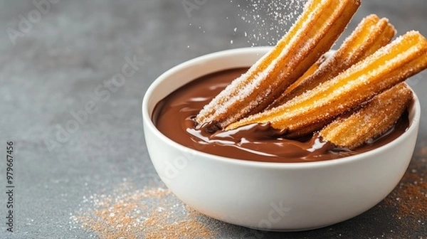 Obraz Delicious churros dipped in rich chocolate sauce, sprinkled with sugar, perfect for dessert lovers and food enthusiasts.