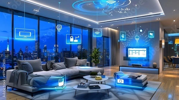 Fototapeta A high tech living area like a smart home hub with flashing active nodes