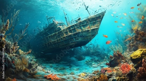 Fototapeta An abandoned shipwreck surrounded by vibrant coral and colorful fish, showcasing the beauty of underwater marine life.