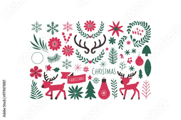 Fototapeta Christmas design elements set big flowers laurel vector illustration 