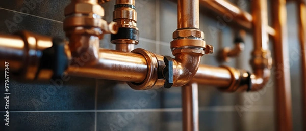 Obraz Close-up of copper plumbing pipes showcasing industrial design and functionality.