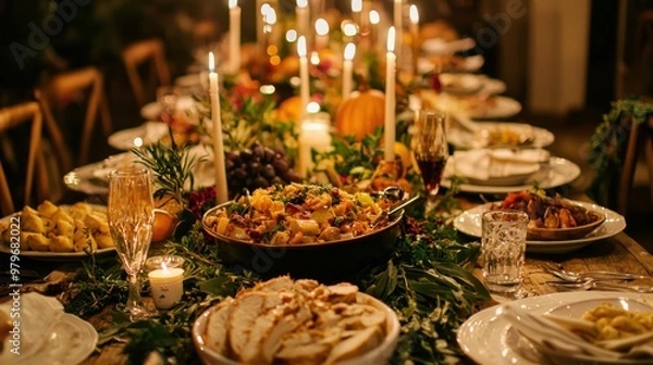 Fototapeta Thanksgiving dinner table set for a large group with a mix of traditional dishes and international flavors surrounded by candles and decor