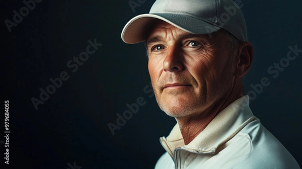 Fototapeta Retrato de un hombre con una gorra. Vestido con ropa deportiva elegante para practicar deporte de lujo.
