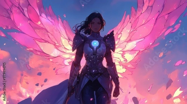 Fototapeta A young woman in futuristic armor with dramatic wings looks at the camera.