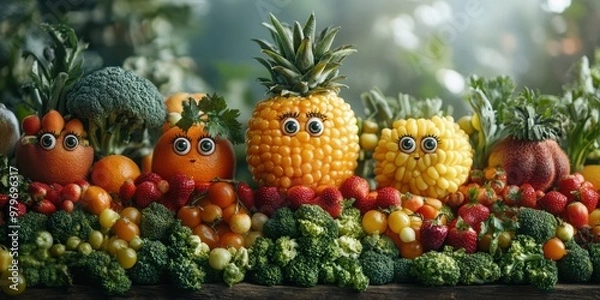 Fototapeta An imaginative urban setting where animated fruits and vegetables with eyes create a playful and enchanting experience